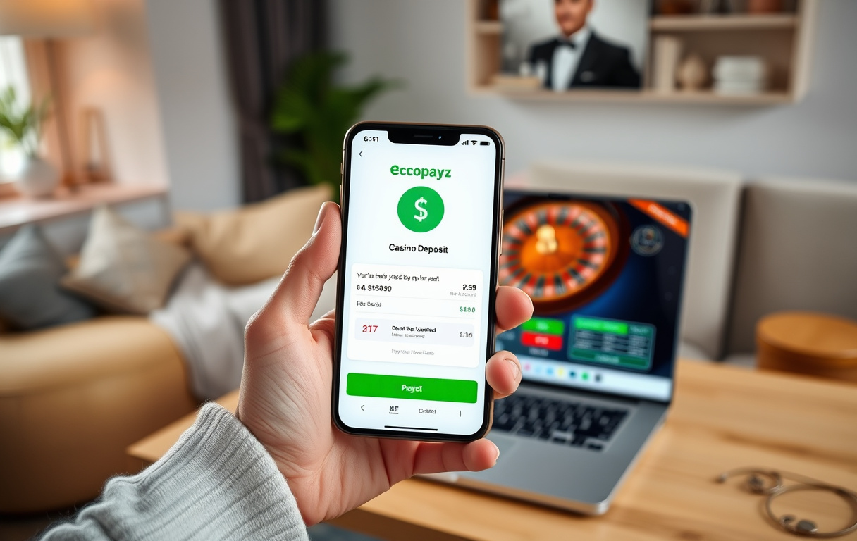 Person som bruker Ecopayz-appen for å sette inn penger på et nettcasino.