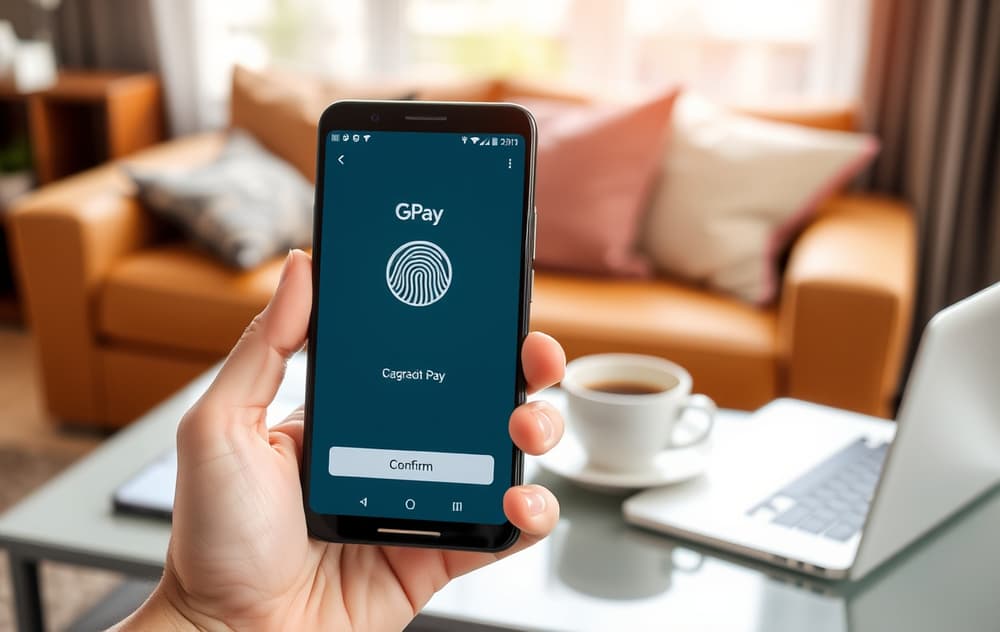 Mobiltelefon med Google Pay åpen, fingeravtrykk-ikon, casino-logo i bakgrunnen, koselig stue.