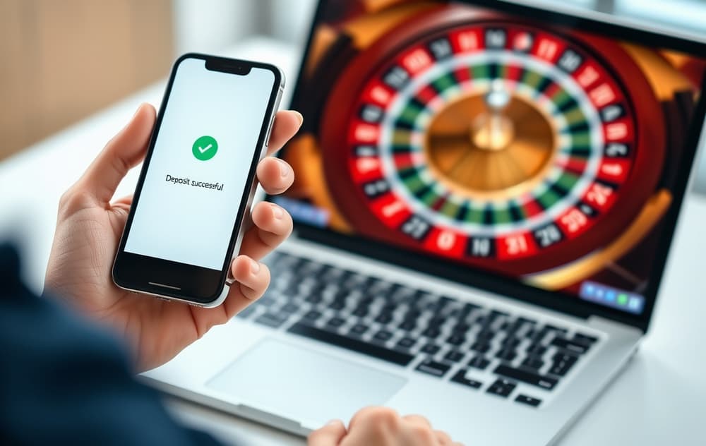 Person med mobil som viser MiFinity-appen med vellykket innskudd til nettcasino.