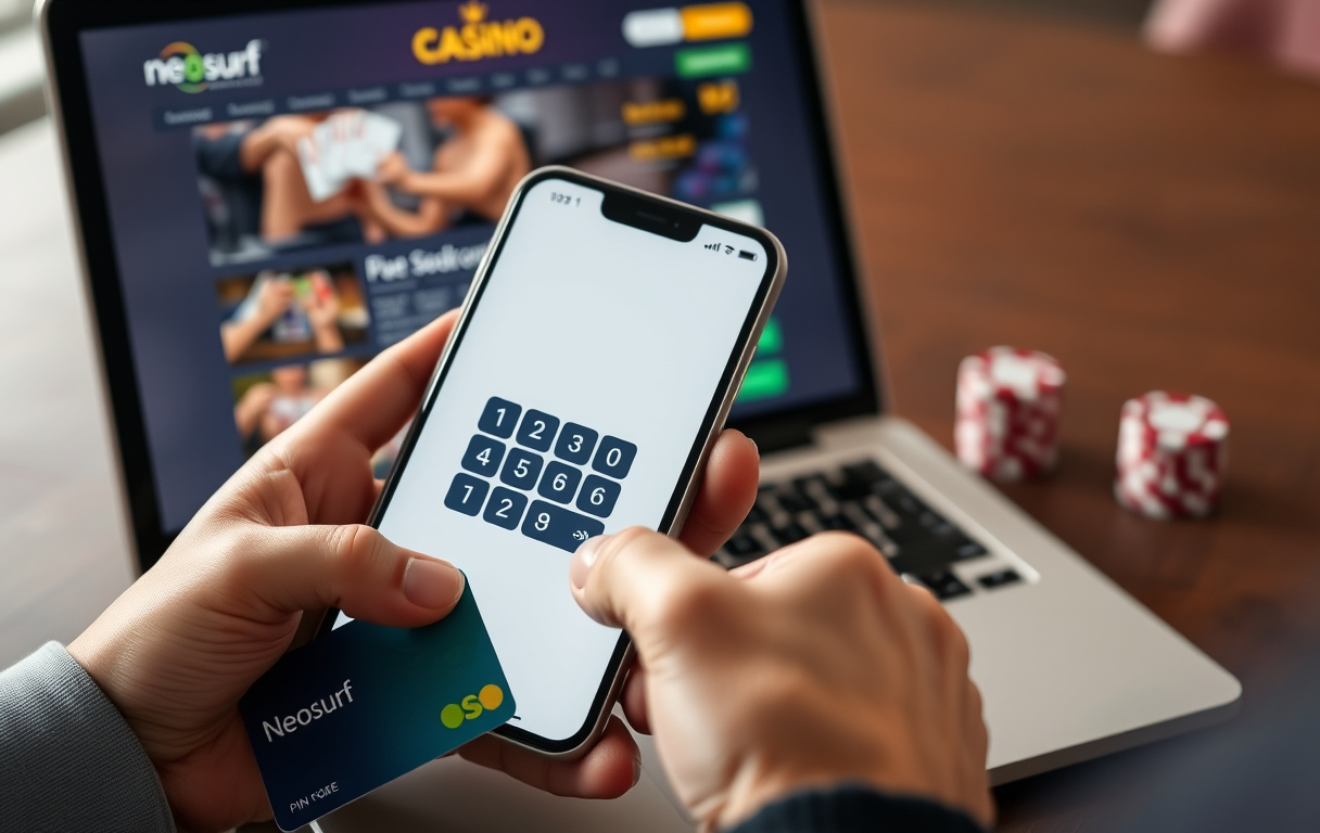 Person som holder en mobiltelefon med Neosurf-PIN, ved siden av en laptop med casino-kasse åpen