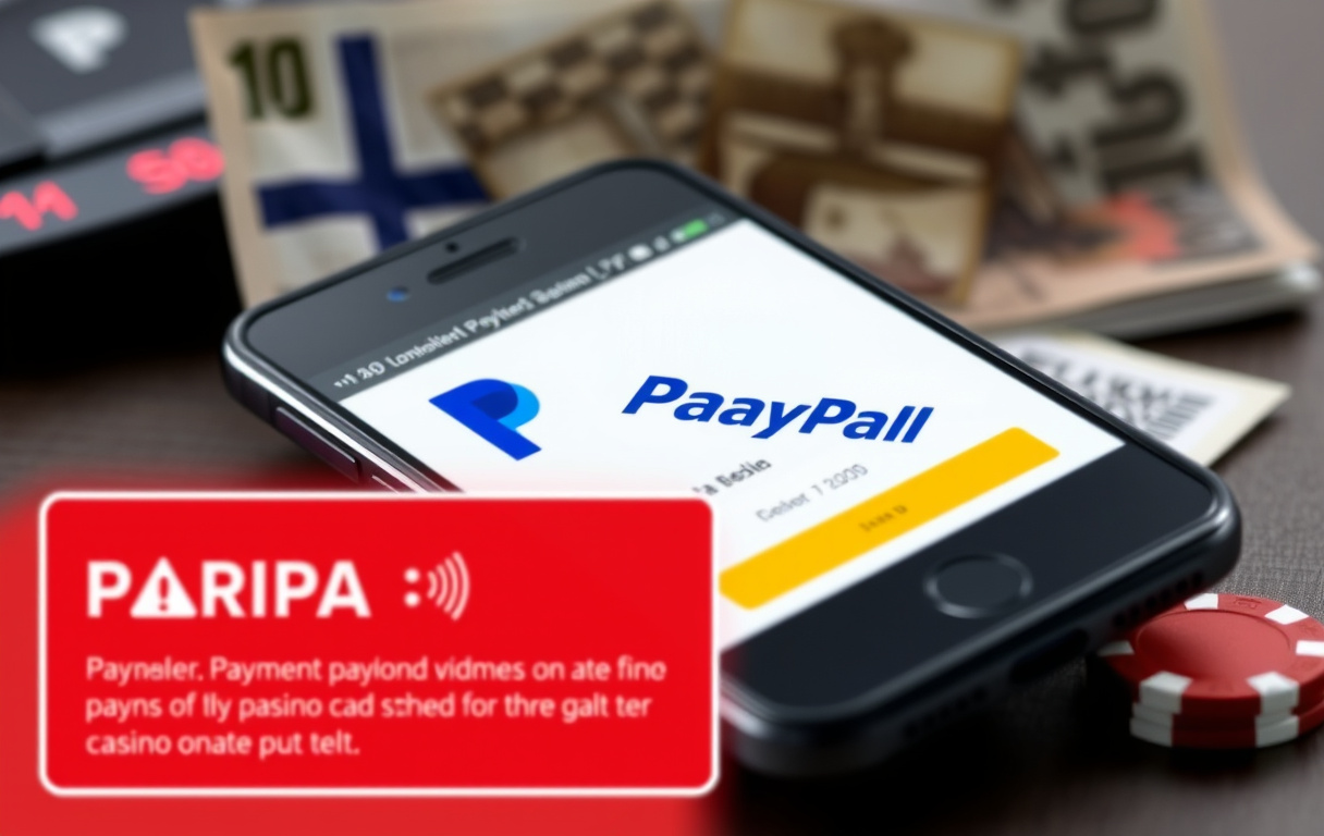 Smarttelefon med PayPal-betaling på casino, norsk seddel og rød advarsel.