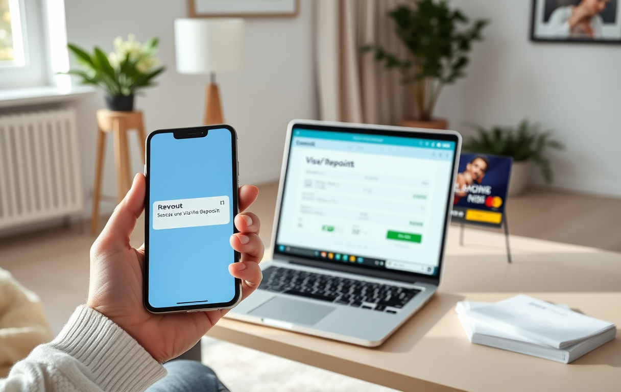 Person med mobiltelefon som viser Revolut-appen og en laptop med casino-kasse åpen