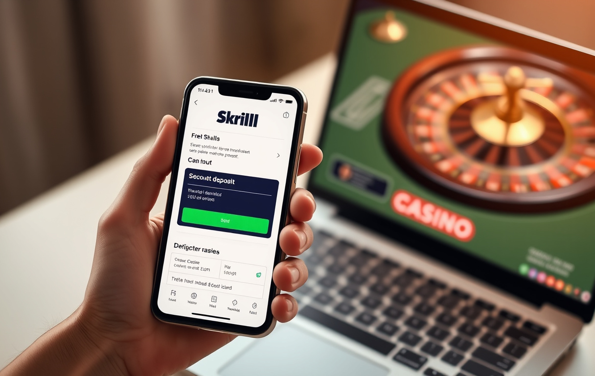 Person som bruker Skrill-appen på mobil for innskudd på nettcasino