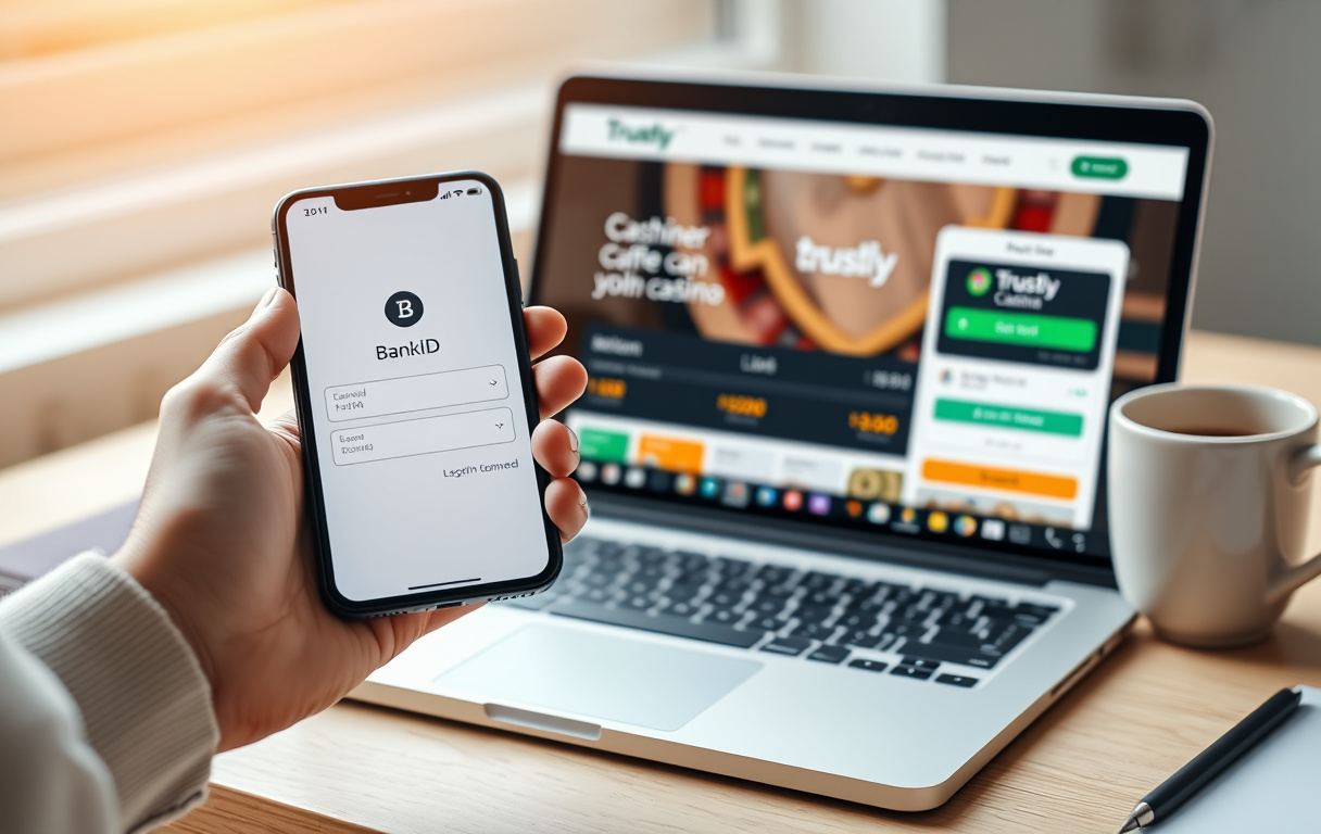 Person som logger inn med BankID på mobilen for å sette inn penger på et nettcasino med Trustly.