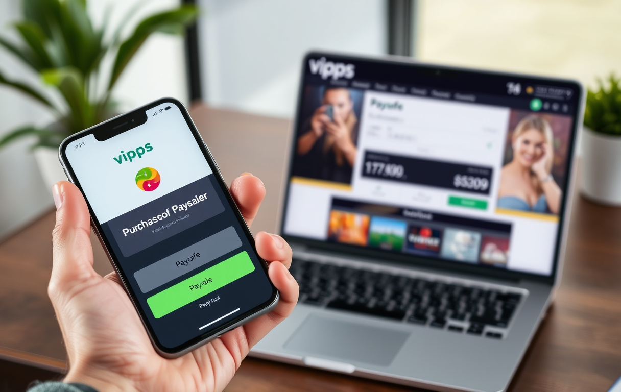 Person som bruker Vipps-appen på mobil for å kjøpe Paysafe-kode, med casinoets innskuddsside synlig på en laptop i bakgrunnen.