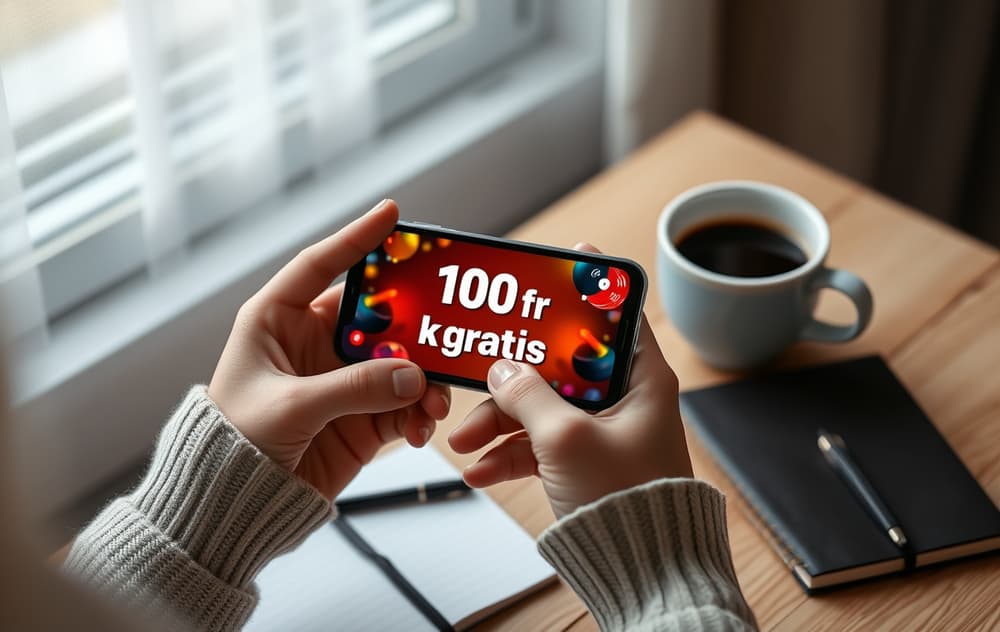 Person med mobiltelefon som viser 100 kr gratis bonus på skjermen