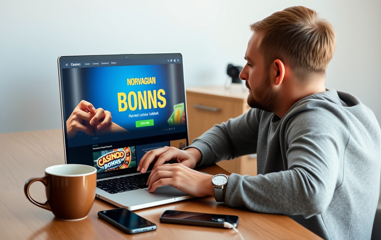 Norsk person som vurderer innskuddsbonus på laptop, med kaffekopp og mobiltelefon på skrivebordet.