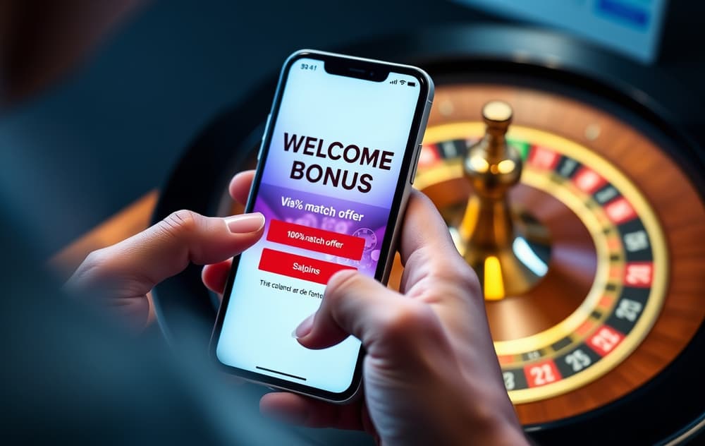 En person som bruker mobiltelefon for å kreve en velkomstbonus, med skjermen som viser 100 % match og rulett i bakgrunnen.