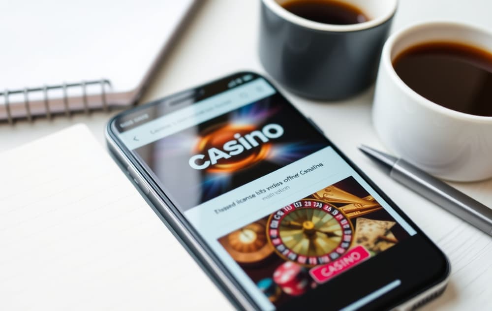 Mobiltelefon som viser et casino på skjermen med lisensinformasjon nederst