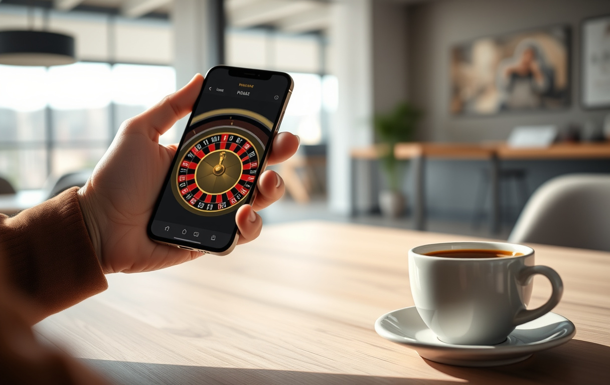 Person som spiller rulett på mobiltelefon med kaffekopp på bordet