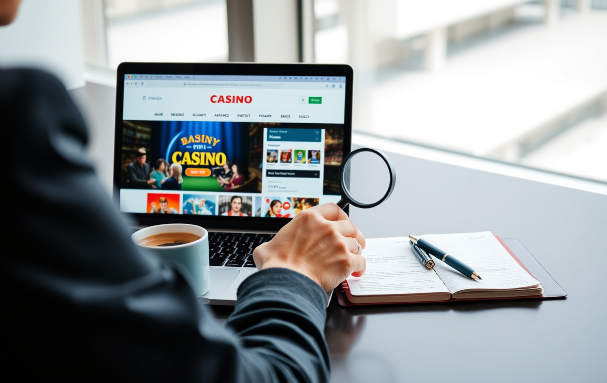 Person som sammenligner to nettcasinoer på PC med notatblokk og forstørrelsesglass.