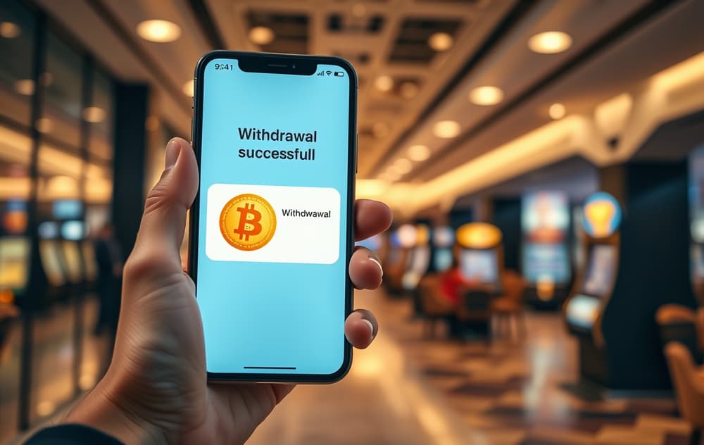 Person med mobil som viser vellykket uttak fra nettcasino.