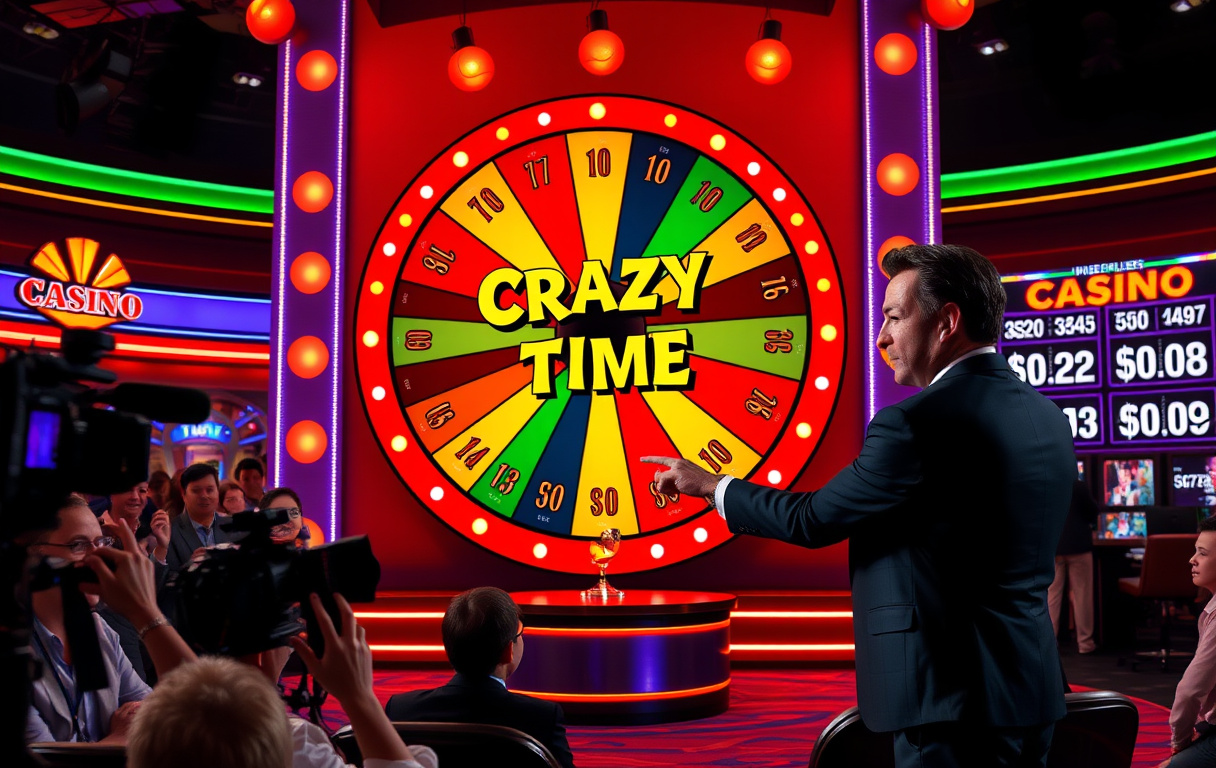 Live studio med Crazy Time-hjulet, vert og publikum