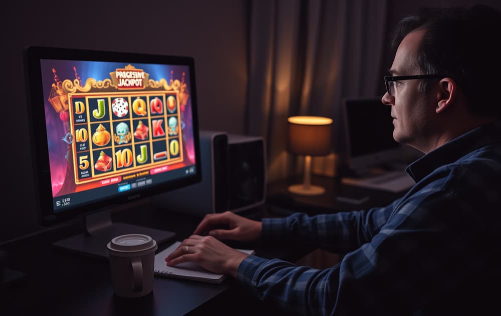 En norsk spiller foran en dataskjerm med et progressivt jackpot-spill, med kaffekopp og notatblokk på bordet.