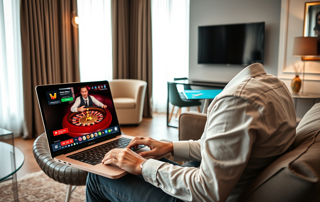 Person spiller live roulette online med dealer på skjermen i en stue