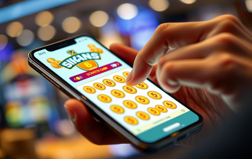 Person som skraper et digitalt skrapelodd på mobilen, med vinnende symbol og mynter på skjermen.
